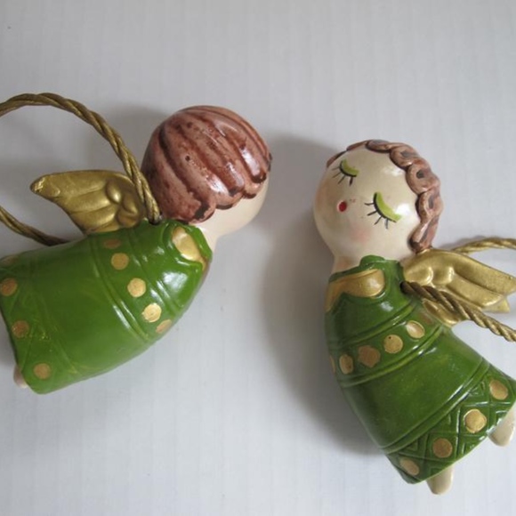 Mid Century Angel Pair Twins Mod Green Gold Japan - Picture 5 of 6